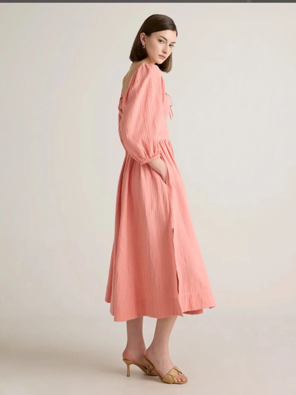 Quince Pink Organic Cotton Gauze Smocked Square Neck MIDI Dress Size S NWT Beach - Picture 10 of 14